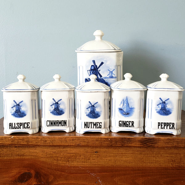 Antique Nautical Blue and White Kitchen Canister Set Windmill Czecho-Slovakia Sanft