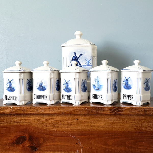 Antique Nautical Blue and White Kitchen Canister Set Windmill Czecho-Slovakia Sanft