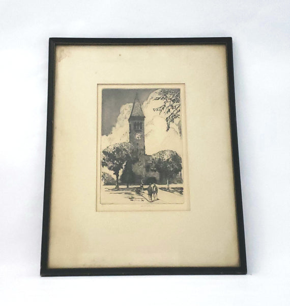 John McGrath Framed Pencil Etching of Cornell University McGraw Library Tower
