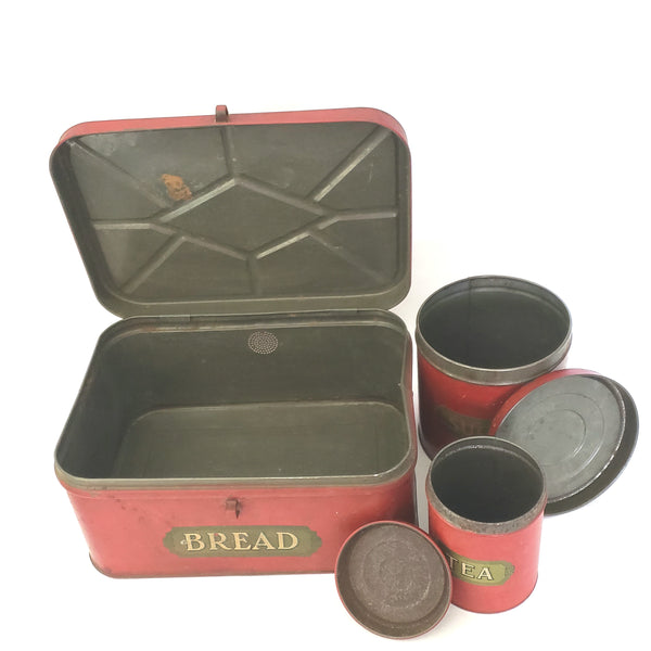 Vintage Red Kitchen Tin Metal Bread Box and Canister Set 3 Piece