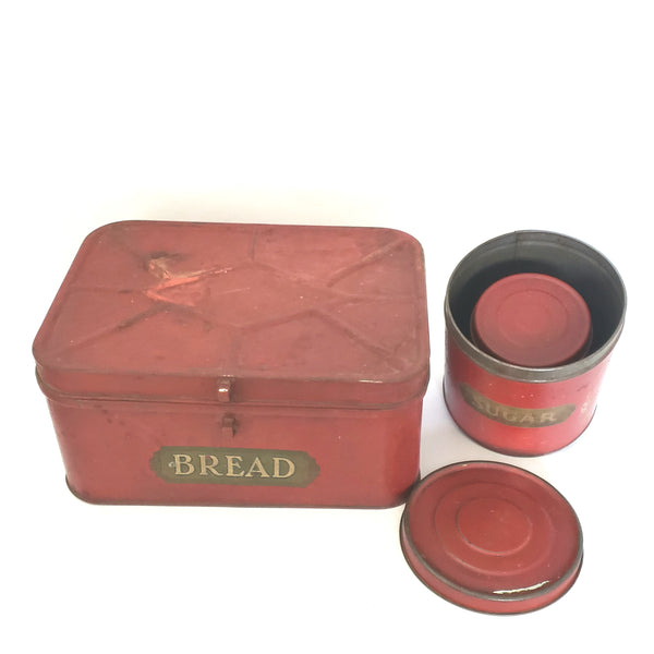 Vintage Red Kitchen Tin Metal Bread Box and Canister Set 3 Piece
