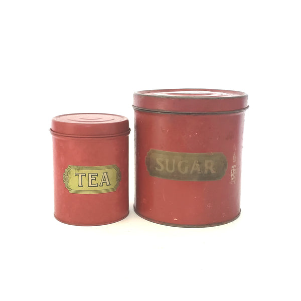 Vintage Red Kitchen Tin Metal Bread Box and Canister Set 3 Piece