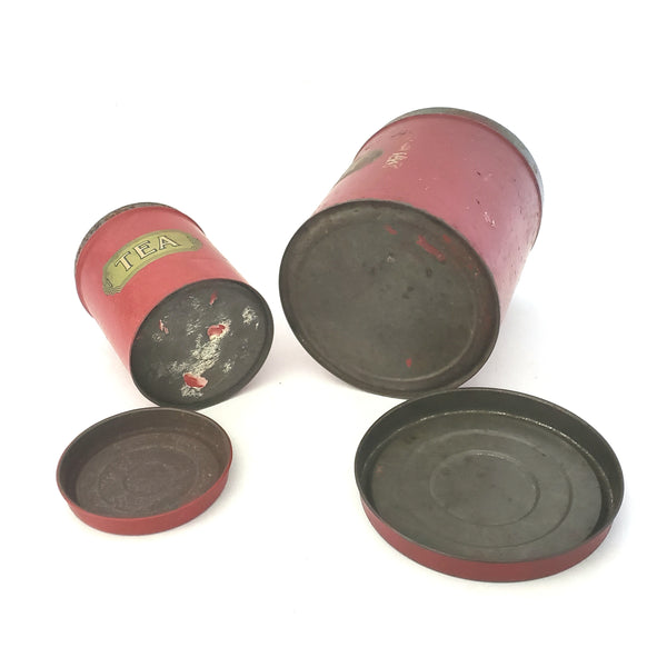 Vintage Red Kitchen Tin Metal Bread Box and Canister Set 3 Piece