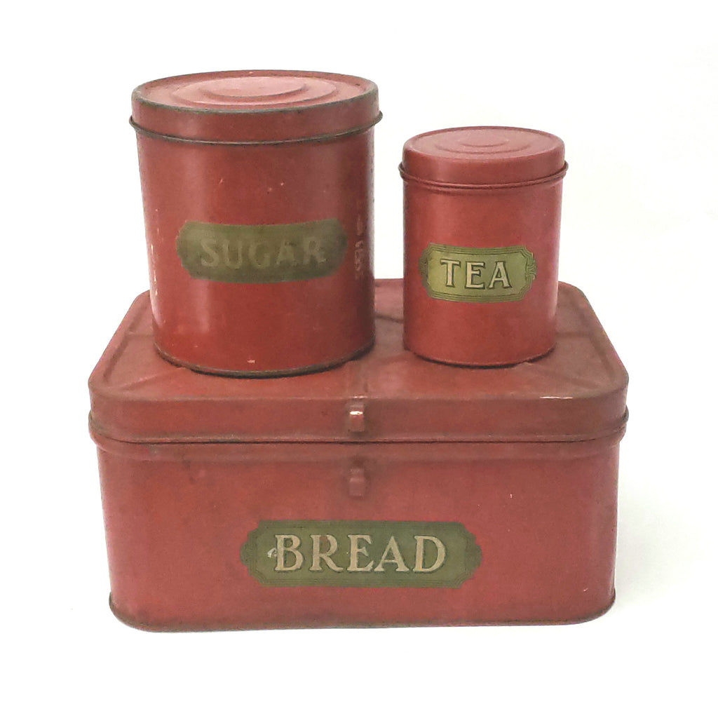 Vintage Red Kitchen Tin Metal Bread Box and Canister Set 3 Piece