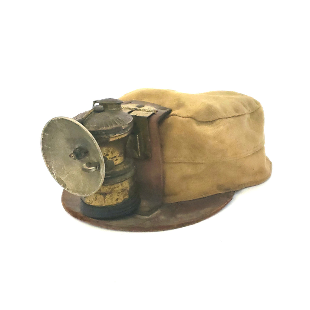 Early Mining Hat with Auto Lite Carbide Head Lamp Universal Lamp Co. Coal Miners Cap