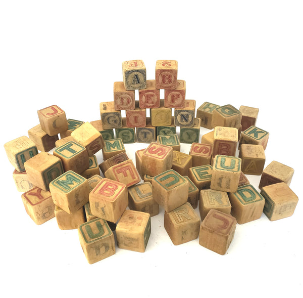 Antique ABC Alphabet Blocks in Wooden Box - Collection of 64