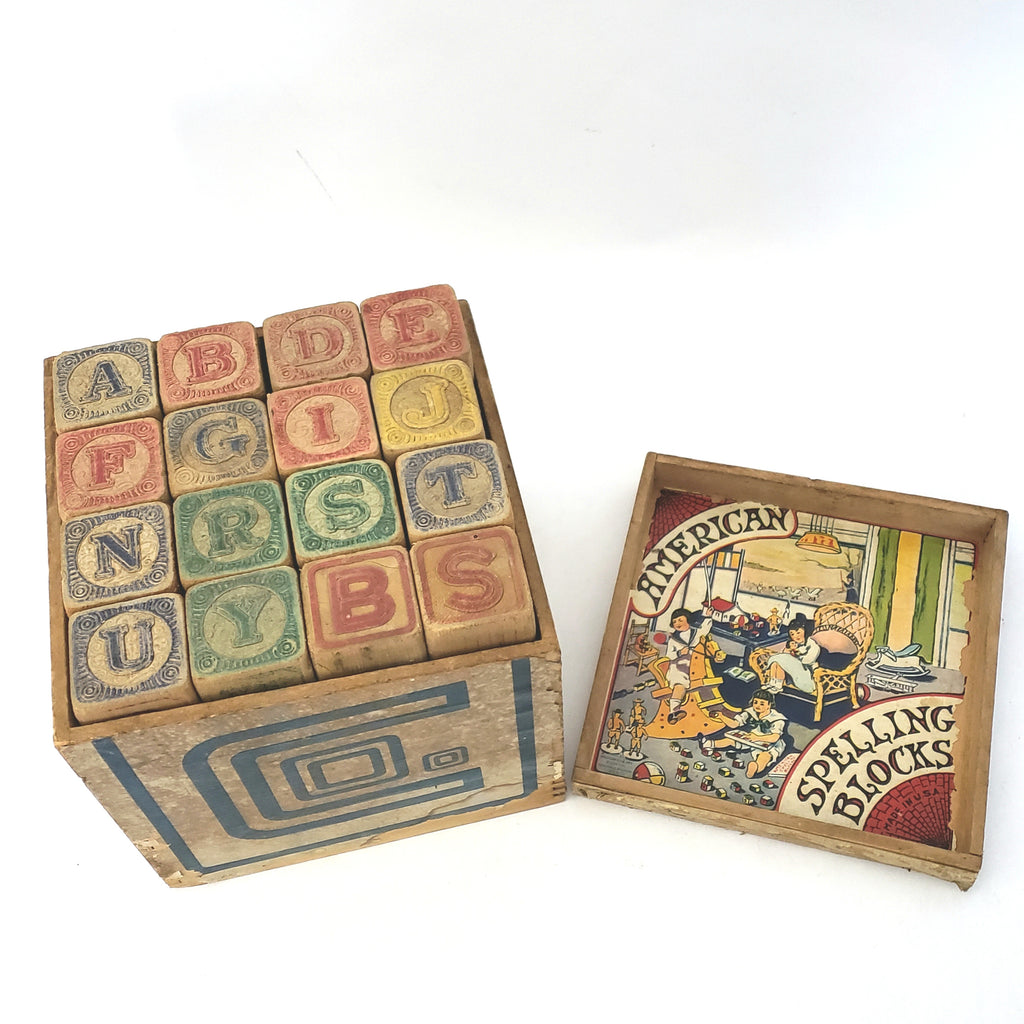Antique ABC Alphabet Blocks in Wooden Box - Collection of 64