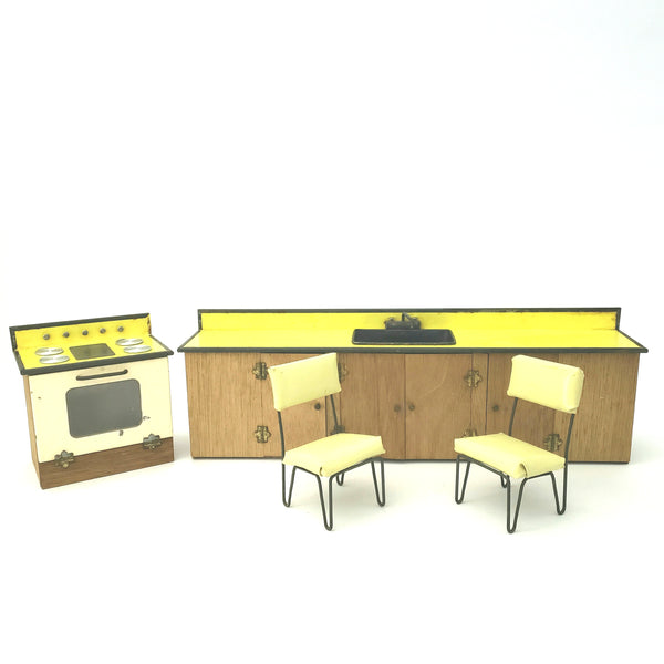 Mid Century Retro Yellow Childs Doll Size Kitchen Play Set 4 Piece 