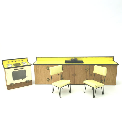 Mid Century Retro Yellow Childs Doll Size Kitchen Play Set 4 Piece 