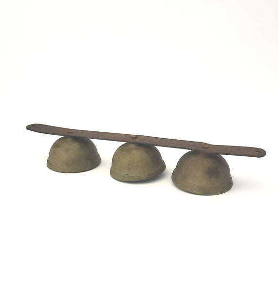 Vintage Brass Carriage Sleigh Bells on Metal Strap Triple Clappers