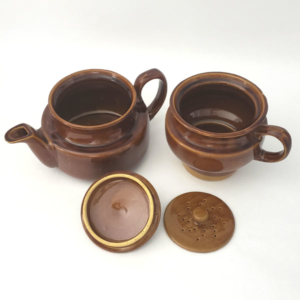 Vintage Brown Glazed Ceramic Double Tea Pot 4 Piece USA