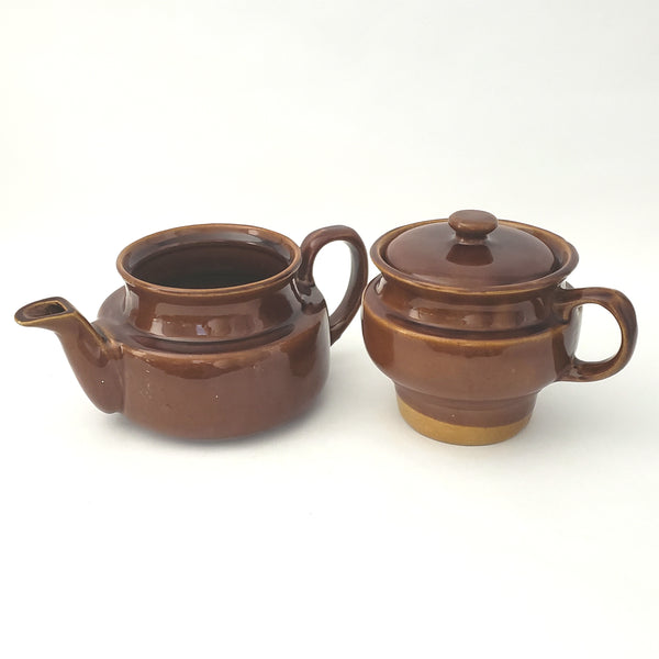 Vintage Brown Glazed Ceramic Double Tea Pot 4 Piece USA