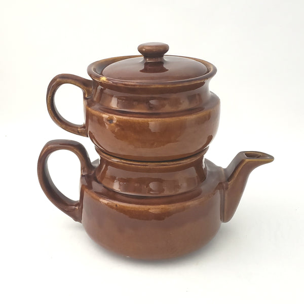 Vintage Brown Glazed Ceramic Double Tea Pot 4 Piece USA