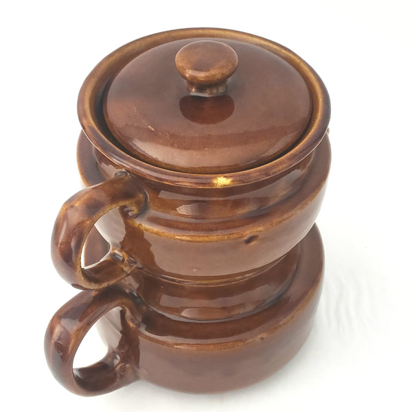 Vintage Brown Glazed Ceramic Double Tea Pot 4 Piece USA