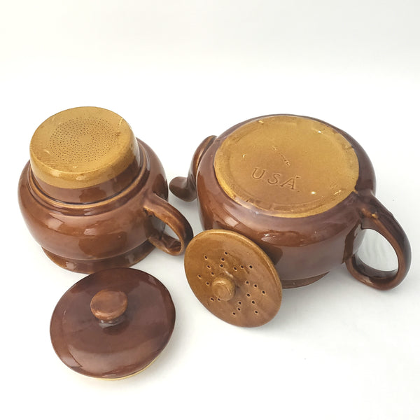 Vintage Brown Glazed Ceramic Double Tea Pot 4 Piece USA