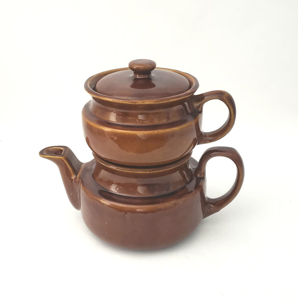 Vintage Brown Glazed Ceramic Double Tea Pot 4 Piece USA