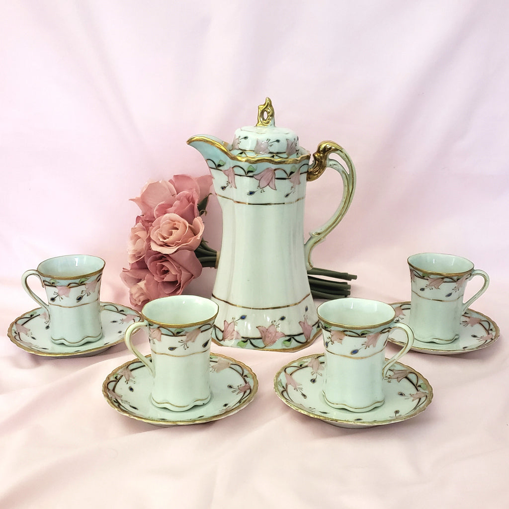 Antique Nippon Chocolate Pot Set with 4 Cups and Saucers Pink Floral