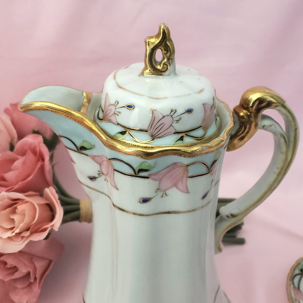 Antique Nippon Chocolate Pot Set with 4 Cups and Saucers Pink Floral