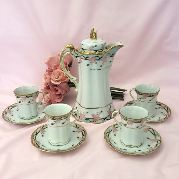 Antique Nippon Chocolate Pot Set with 4 Cups and Saucers Pink Floral