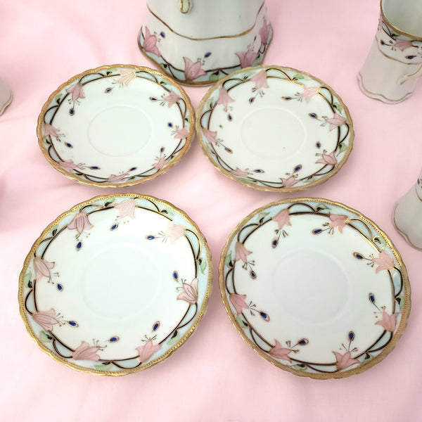 Antique Nippon Chocolate Pot Set with 4 Cups and Saucers Pink Floral
