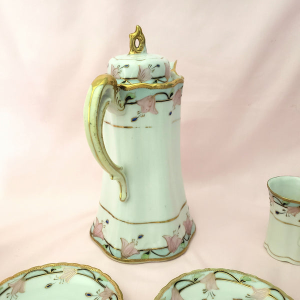 Antique Nippon Chocolate Pot Set with 4 Cups and Saucers Pink Floral