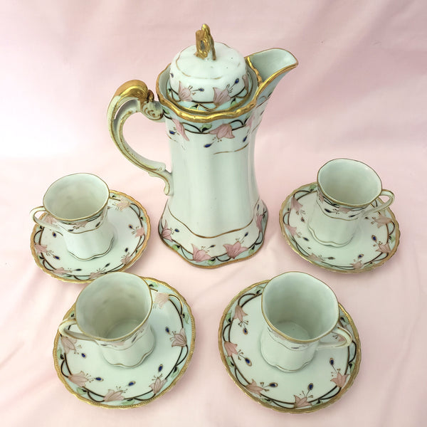 Antique Nippon Chocolate Pot Set with 4 Cups and Saucers Pink Floral