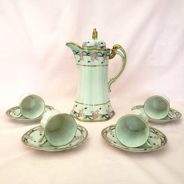 Antique Nippon Chocolate Pot Set with 4 Cups and Saucers Pink Floral