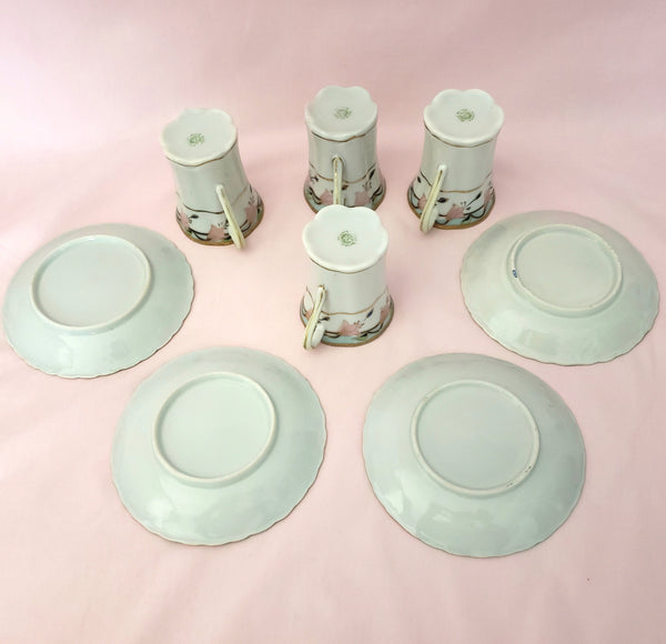 Antique Nippon Chocolate Pot Set with 4 Cups and Saucers Pink Floral