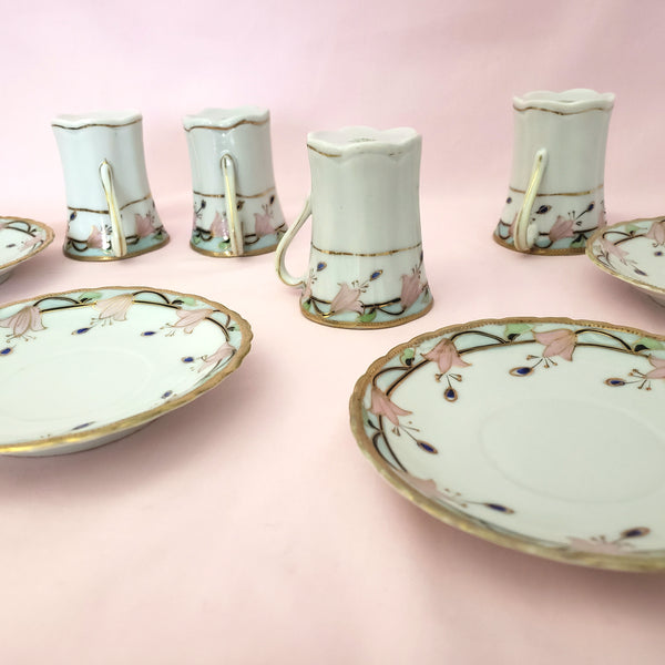 Antique Nippon Chocolate Pot Set with 4 Cups and Saucers Pink Floral