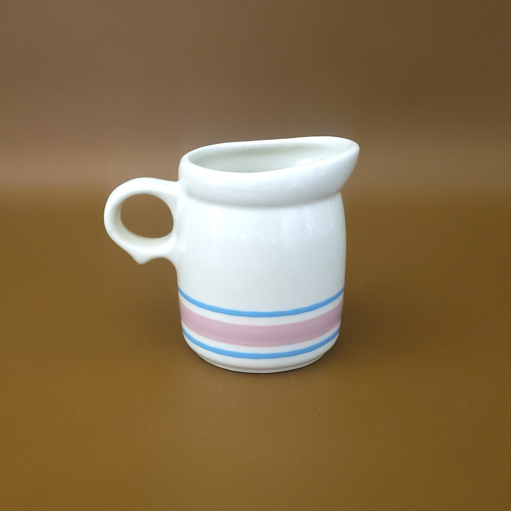 McCoy Creamer Pitcher Pink and Blue Bands Stone Craft USA – Zsinta