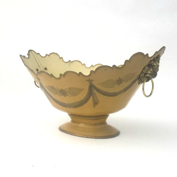 Vintage Decorated Metal Cachepot Planter Deep Yellow Lion Head Handles