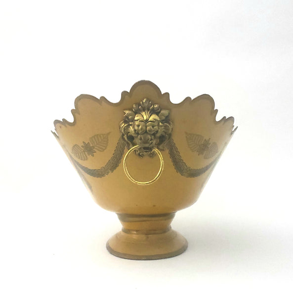 Vintage Decorated Metal Cachepot Planter Deep Yellow Lion Head Handles