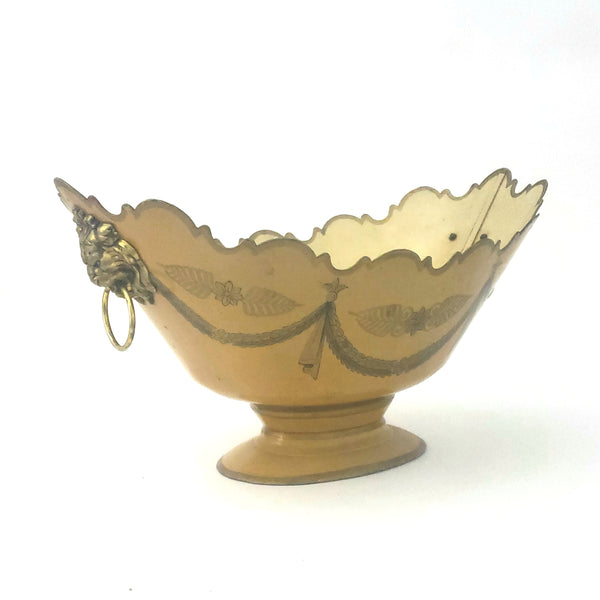Vintage Decorated Metal Cachepot Planter Deep Yellow Lion Head Handles