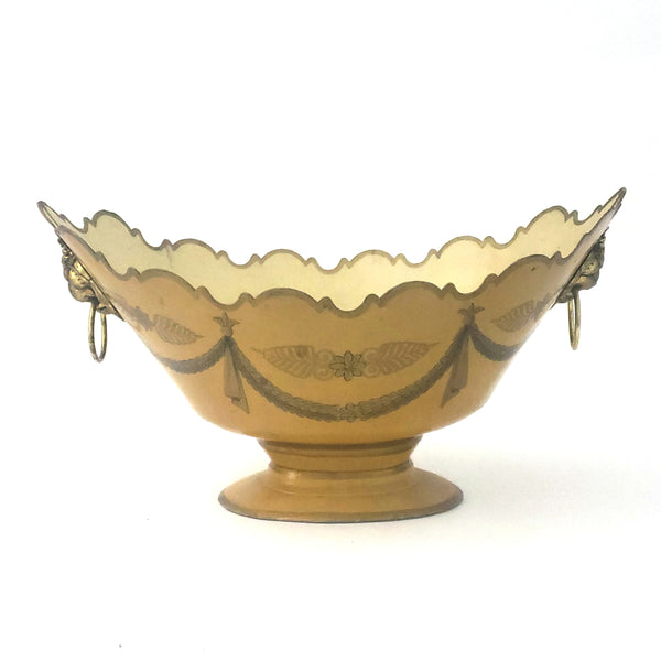 Vintage Decorated Metal Cachepot Planter Deep Yellow Lion Head Handles