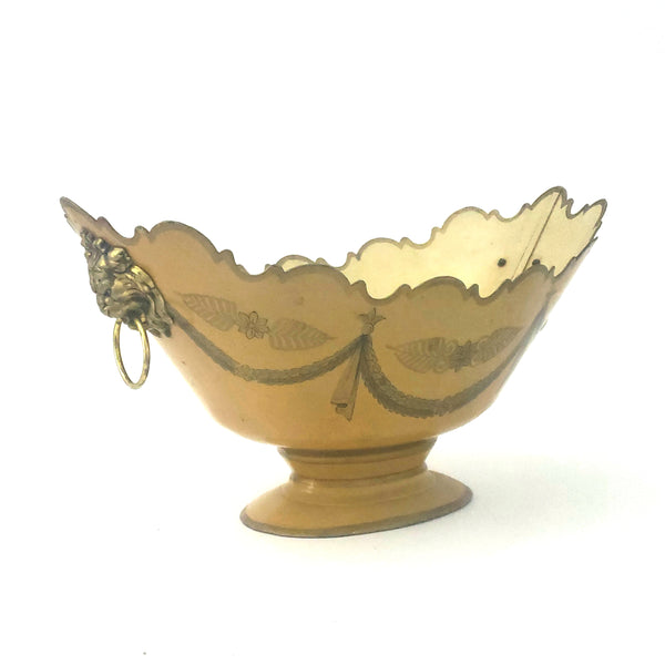 Vintage Decorated Metal Cachepot Planter Deep Yellow Lion Head Handles