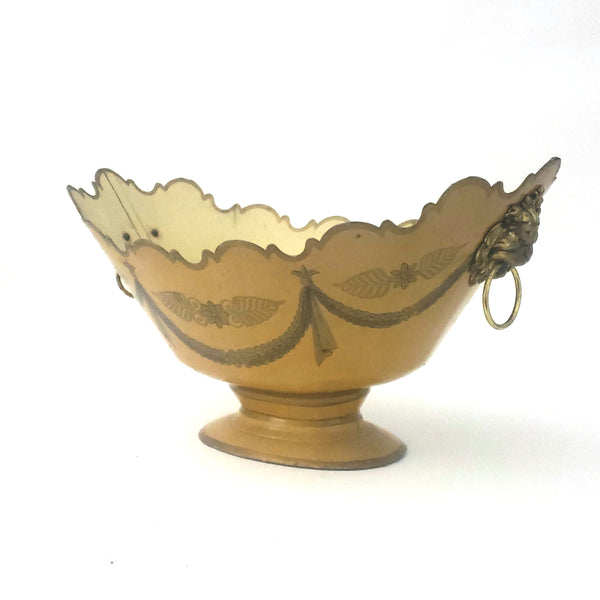 Vintage Decorated Metal Cachepot Planter Deep Yellow Lion Head Handles
