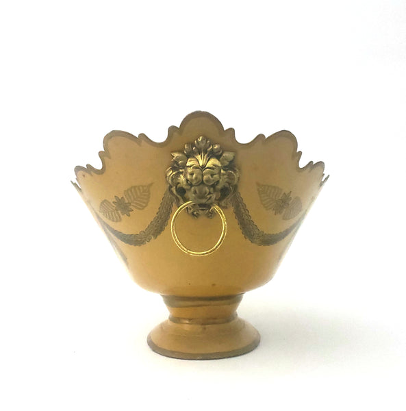 Vintage Decorated Metal Cachepot Planter Deep Yellow Lion Head Handles