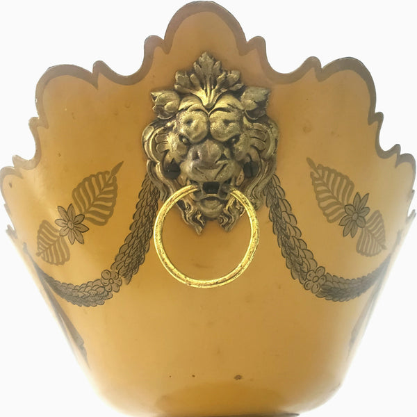 Vintage Decorated Metal Cachepot Planter Deep Yellow Lion Head Handles