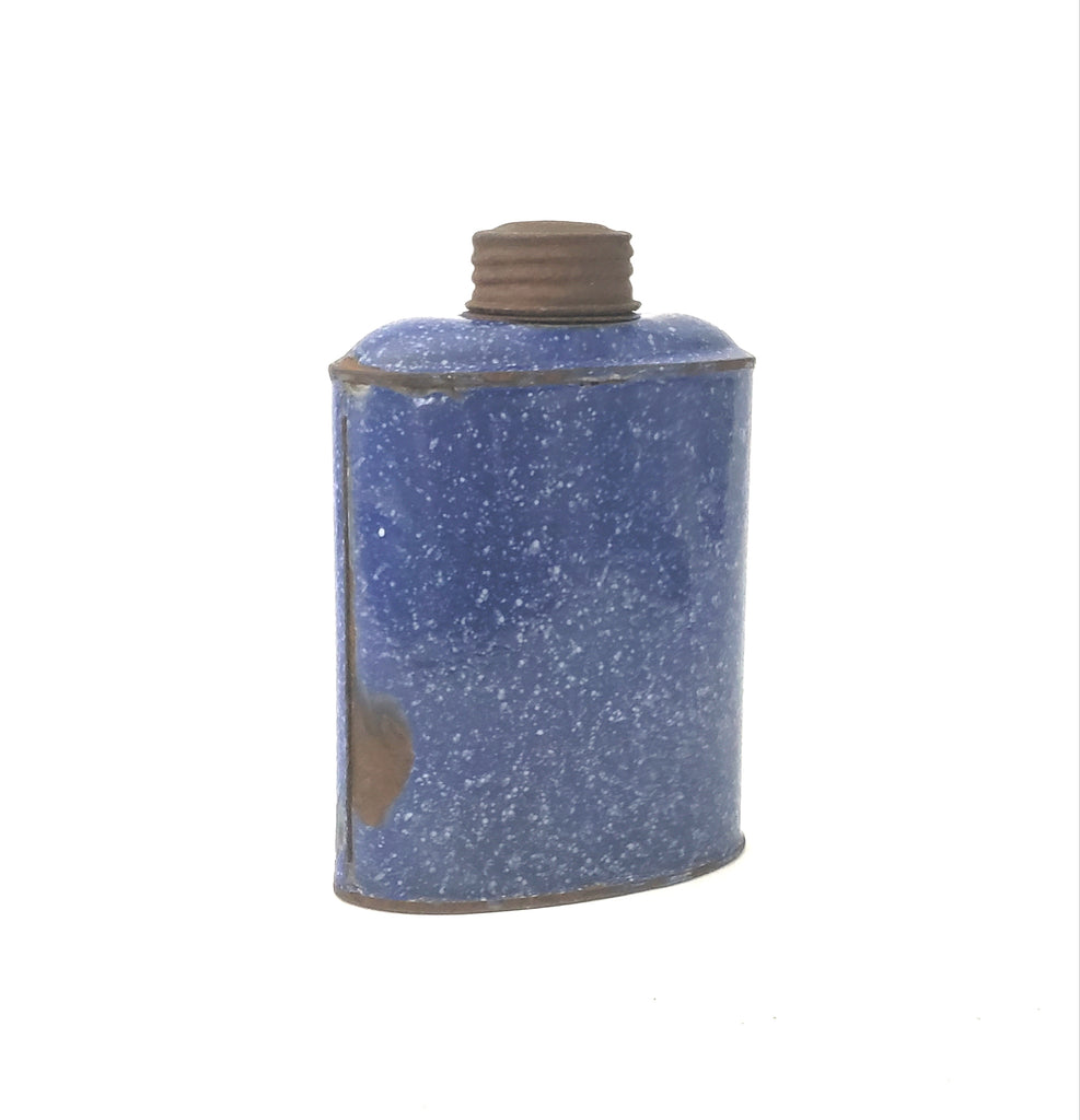 Unique Antique Enameled Flask Blue with White Speckled with Original Lid