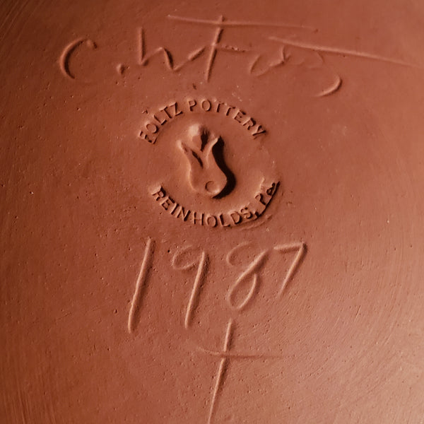 Foltz Pottery Redware Decorated Plate Tulip Motif Signed and Dated 1987