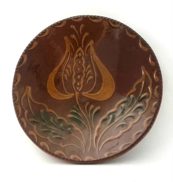 Foltz Pottery Redware Decorated Plate Tulip Motif Signed and Dated 1987