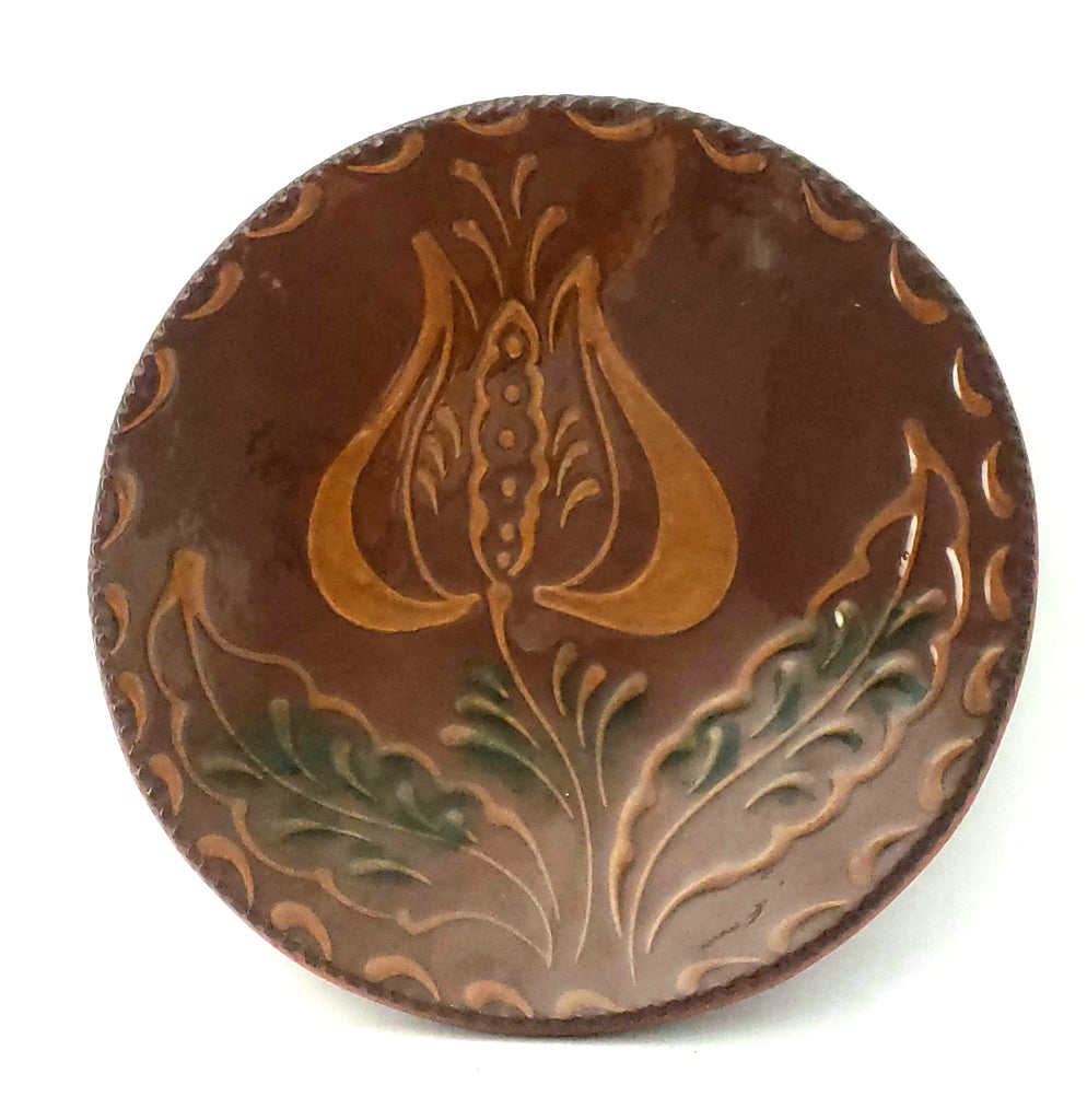 Foltz Pottery Redware Decorated Plate Tulip Motif Signed and Dated 1987