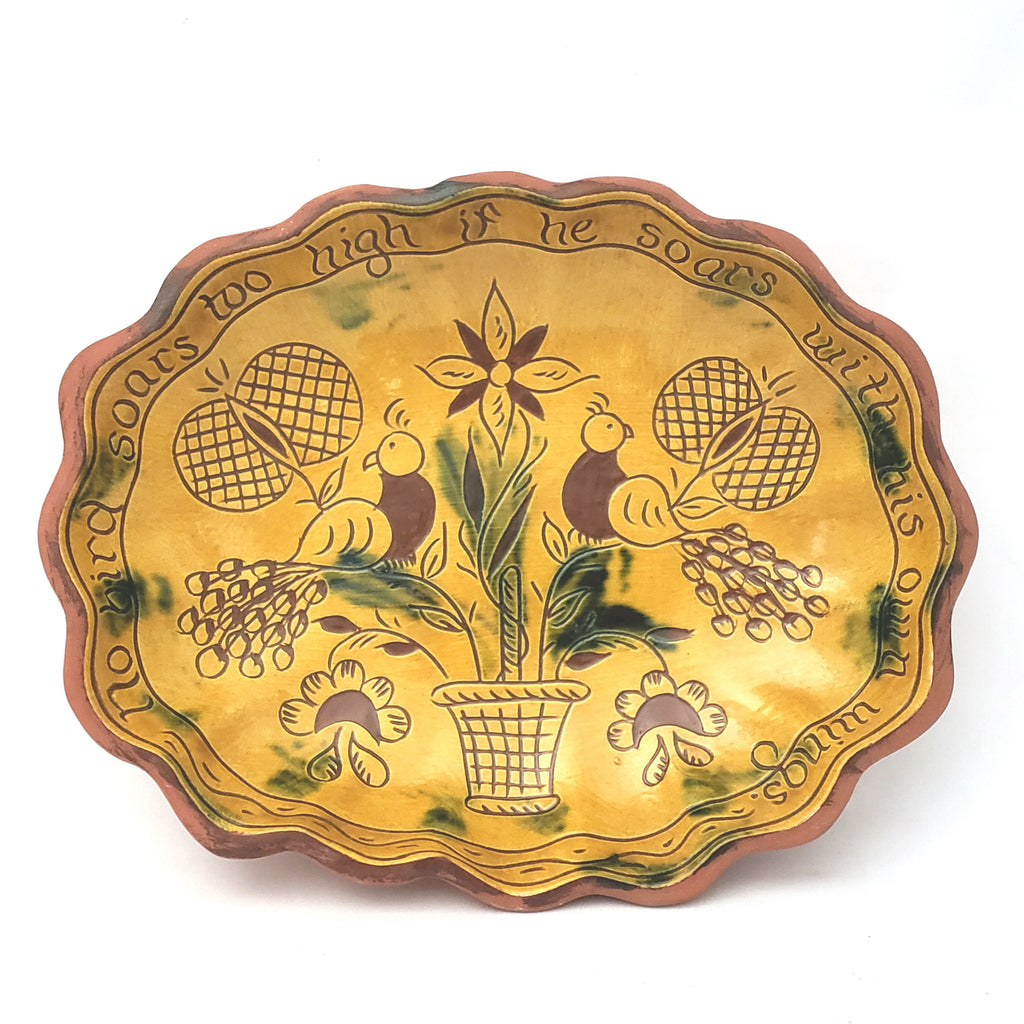 Folk Art Oval Sgraffito Decorated Redware Pottery Bowl by Breininger Birds & Tulips 1990