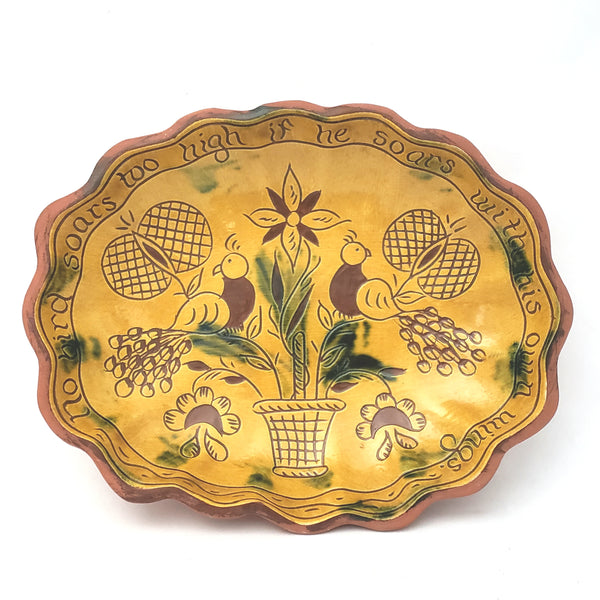 Folk Art Oval Sgraffito Decorated Redware Pottery Bowl by Breininger Birds & Tulips 1990