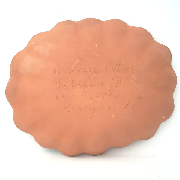 Folk Art Oval Sgraffito Decorated Redware Pottery Bowl by Breininger Birds & Tulips 1990
