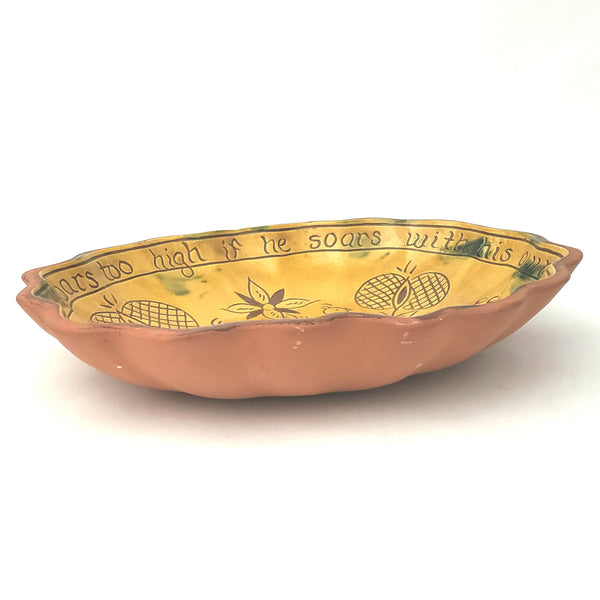 Folk Art Oval Sgraffito Decorated Redware Pottery Bowl by Breininger Birds & Tulips 1990