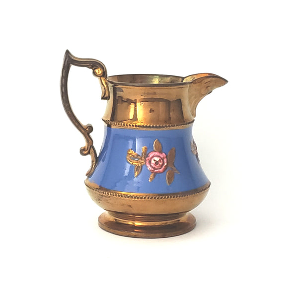 Antique Copper Lusterware Pitcher Blue Band Pink Flowers