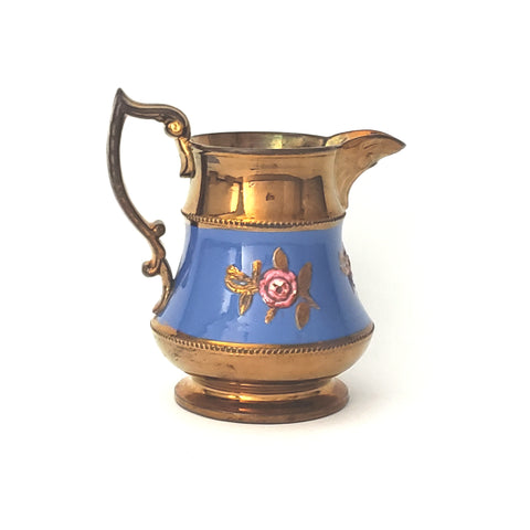 Antique Copper Lusterware Pitcher Blue Band Pink Flowers