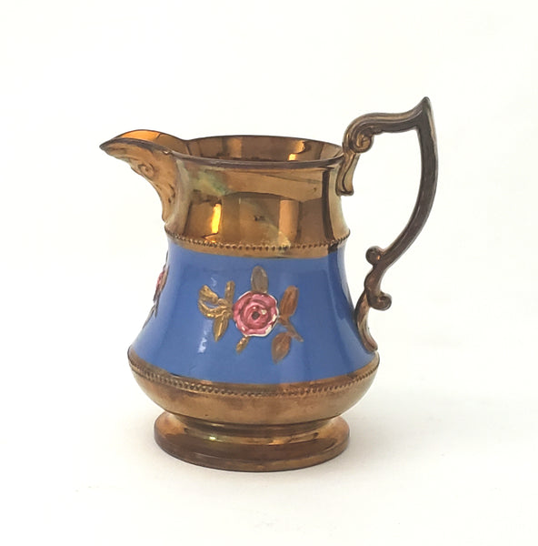 Antique Copper Lusterware Pitcher Blue Band Pink Flowers