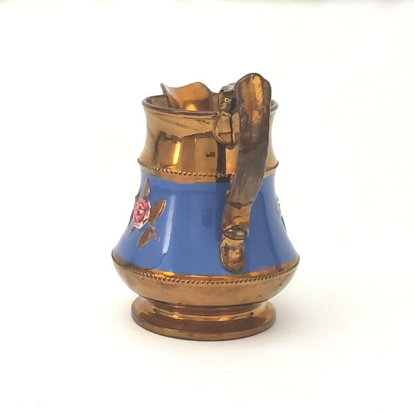 Antique Copper Lusterware Pitcher Blue Band Pink Flowers